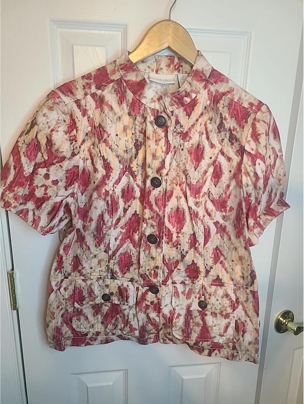 Chicos Womens Size 2 Shirt Metal Button Ladies Linen Shacket Pink Geometric